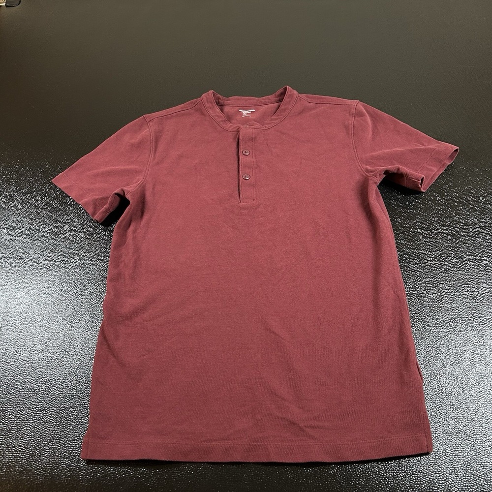 Amazon Essentials Slim Fit Henley Shirt Mens Small Burgundy Cotton Short Sleeve